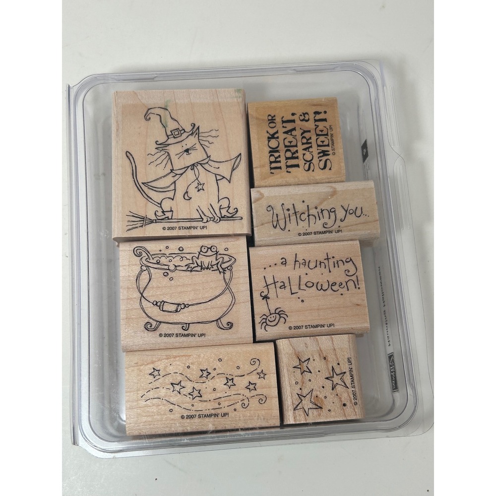 Stampin Up Haunting Halloween Wood Mount Rubber Stamp Set 7pc 2007 Cat Cauldron